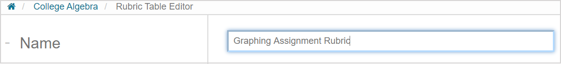 The name field is highlighted with a manually entered rubric table name of graphing assignment rubric.